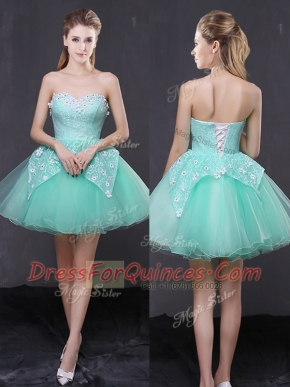 Inexpensive Organza Sleeveless Mini Length Dress for Prom and Lace and Appliques