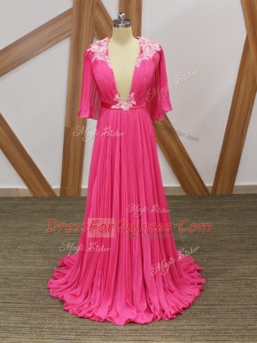 Hot Pink V-neck Neckline Lace and Appliques and Pleated Prom Dress Half Sleeves Backless