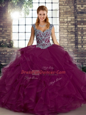 Floor Length Lace Up Sweet 16 Dress Fuchsia for Military Ball and Sweet 16 and Quinceanera with Beading and Ruffles