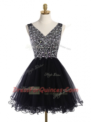 Chic Black Zipper V-neck Beading Evening Dress Tulle Sleeveless