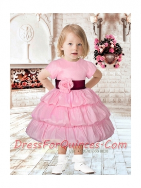 Lovely Pink Short Sleeves Tea-length Flower Girl Dress with Pick-ups