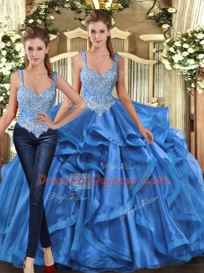 Latest Blue Ball Gowns Straps Sleeveless Tulle Floor Length Lace Up Beading and Ruffles Quinceanera Dresses