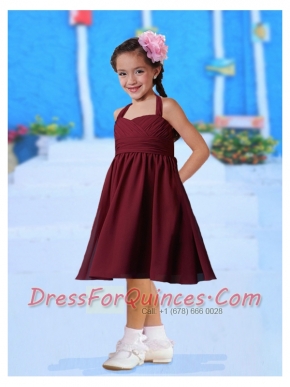 2014 Decent Burgundy Empire Chiffon Ruching Flower Girl Dress with Halter