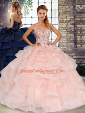 Nice Sleeveless Lace Up Floor Length Beading and Ruffles Quinceanera Gown