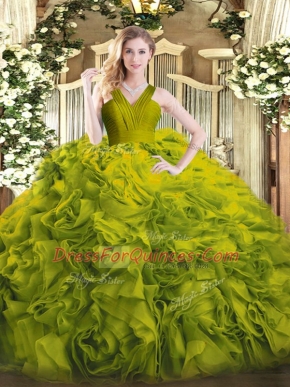Eye-catching Ruffles 15 Quinceanera Dress Olive Green Zipper Sleeveless Floor Length