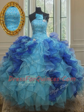 Strapless Sleeveless Lace Up Sweet 16 Dresses Blue Organza