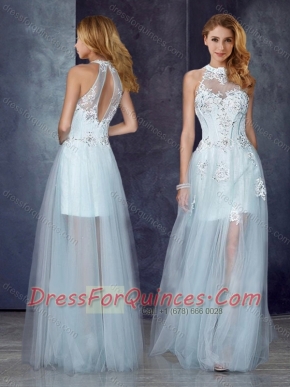 Short Inside Long Outside High Neck Light Blue Prom Dress with Appliques and Beading
