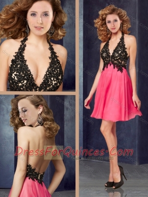Popular Halter Top Backless Laced Dama Dress in Coral Red and Black