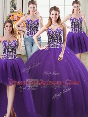 Captivating Four Piece Purple Ball Gowns Tulle Sweetheart Sleeveless Beading Floor Length Lace Up Vestidos de Quinceanera