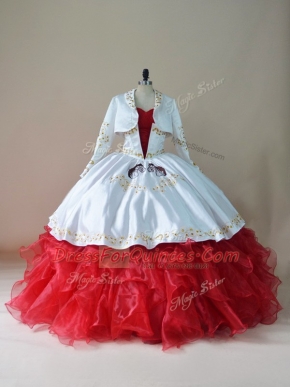 Stunning White And Red Sweetheart Neckline Embroidery and Ruffles Ball Gown Prom Dress Sleeveless Lace Up