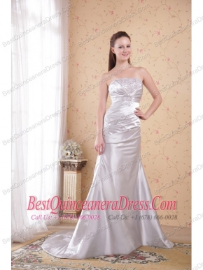 White Column Strapless Court Train Satin Appliques and Ruch Prom Dress