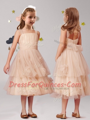Fabulous Champagne A-line Straps Sleeveless Tulle Tea Length Zipper Appliques and Ruffles and Bowknot Flower Girl Dresses for Less