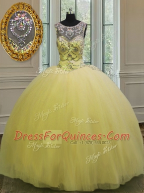 Sexy Scoop Light Yellow Tulle Backless Vestidos de Quinceanera Sleeveless Floor Length Beading and Appliques