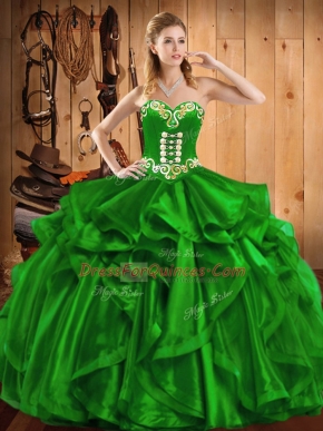 Green 15th Birthday Dress Military Ball and Sweet 16 and Quinceanera with Embroidery and Ruffles Sweetheart Sleeveless Lace Up