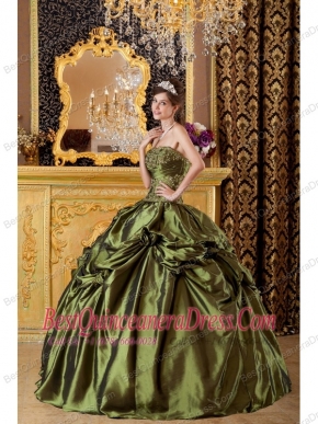 Olive Green Ball Gown Strapless Floor-length Taffeta Appliques  Quinceanera Dress