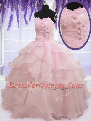 Deluxe Organza Sweetheart Sleeveless Lace Up Ruffled Layers Vestidos de Quinceanera in Baby Pink