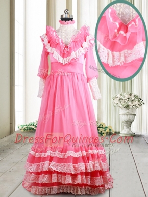 Customized Pink Dress for Prom Prom and For with Beading and Lace and Ruffled Layers V-neck Long Sleeves Brush Train Zipper