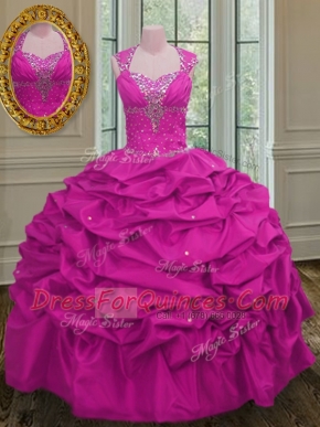 Modest Straps Pick Ups Floor Length Ball Gowns Cap Sleeves Fuchsia Sweet 16 Quinceanera Dress Lace Up