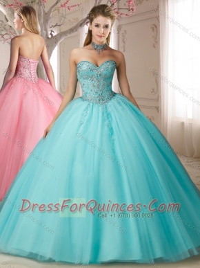 Lovely Big Puffy Beaded Bodice and Applique Sweet 15th Birthday Dresses in Aqua Blue