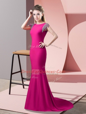 Latest Hot Pink Prom Party Dress High-neck Short Sleeves Brush Train Backless