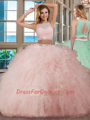 Scoop Floor Length Backless Quinceanera Dress Pink for Military Ball and Sweet 16 and Quinceanera with Beading and Ruffles