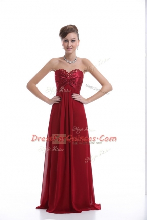 Floor Length Lace Up Prom Party Dress Wine Red for Prom and Party and Military Ball with Beading