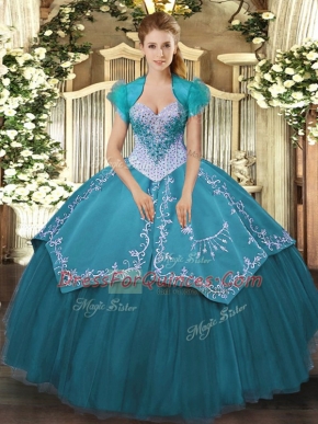 Chic Sleeveless Satin and Tulle Floor Length Lace Up Sweet 16 Dress in Teal with Beading and Embroidery