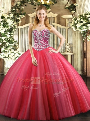 Tulle Sweetheart Sleeveless Lace Up Beading Quinceanera Gown in Coral Red