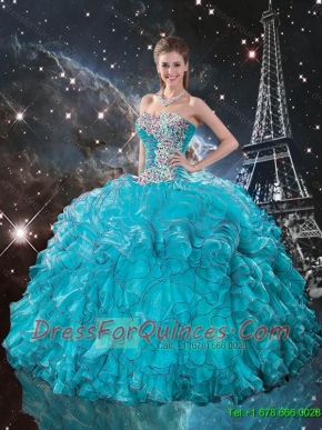 2016 Romantic Appliques Sweetheart Teal Quinceanera Gowns with Ruffles