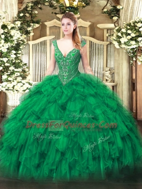 Green Ball Gown Prom Dress Military Ball and Sweet 16 and Quinceanera with Beading and Ruffles V-neck Sleeveless Lace Up