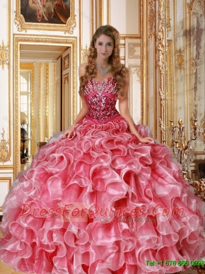 New Style 2016 Sweetheart Beaded and Ruffles Quinceanera Dresses in Coral Red