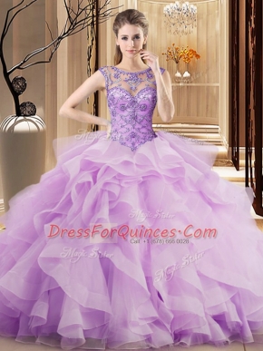 Scoop Sleeveless Beading and Ruffles Lace Up Quince Ball Gowns with Lilac Brush Train