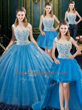 Flirting Four Piece Baby Blue Ball Gowns Tulle High-neck Sleeveless Lace Floor Length Zipper Sweet 16 Dresses Brush Train