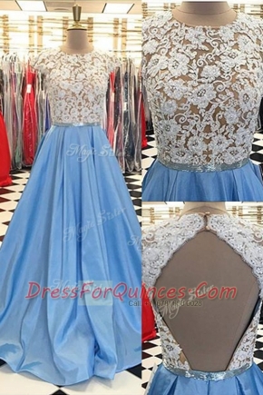 Scoop Cap Sleeves Satin Prom Dresses Beading and Lace Sweep Train Backless