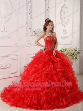 Red Ball Gown Strapless Floor-length Organza Ruffles And Embroidery Quinceanera Dress