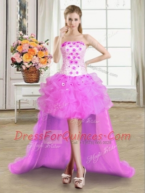 Lilac Strapless Neckline Beading and Appliques and Ruffles Evening Dress Sleeveless Lace Up