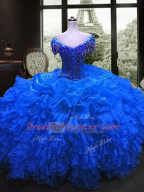 Cheap Royal Blue Ball Gowns Sweetheart Cap Sleeves Organza Floor Length Lace Up Beading and Ruffles 15 Quinceanera Dress