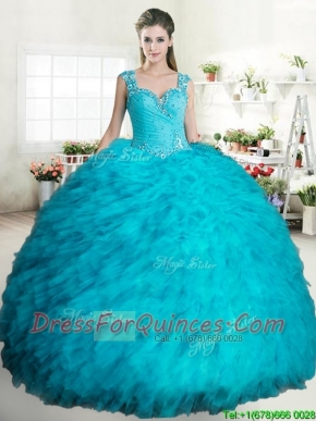 Cheap Beaded and Ruffled Turquoise Quinceanera Dress in Tulle
