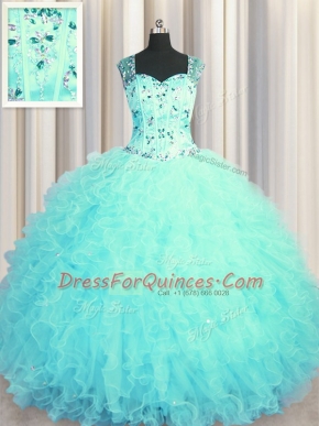 Beauteous See Through Zipper Up Square Sleeveless Zipper Quinceanera Gowns Aqua Blue Tulle