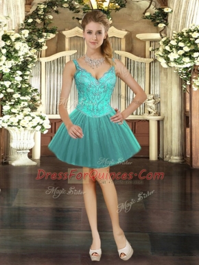 Amazing Turquoise Lace Up Prom Dress Beading Sleeveless Mini Length
