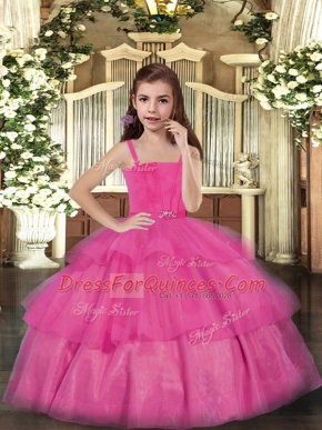 Super Hot Pink Sleeveless Floor Length Ruffled Layers Lace Up Pageant Dress for Teens