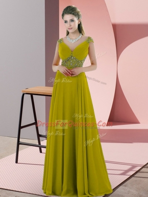 Olive Green Chiffon Backless V-neck Cap Sleeves Floor Length Prom Dresses Beading