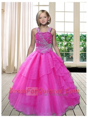 Simple Hot Pink Straps Beading Ball Gown Little Girl Pageant Dress with Ruffled Layers