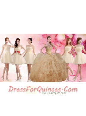 Classical Applique and Ruffled Champagne Sweet 16 Dress and Short Dama Dresses