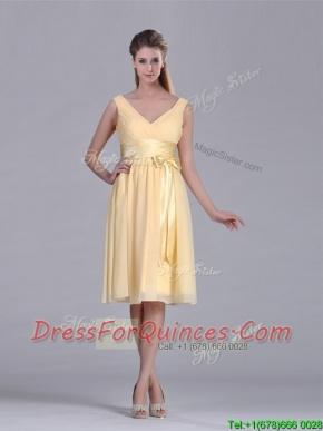 New Arrivals V Neck Bowknot Chiffon Short Prom Dress in Yellow
