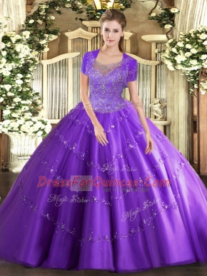 Stylish Lavender Ball Gowns Scoop Sleeveless Tulle Floor Length Clasp Handle Beading and Appliques Sweet 16 Dresses