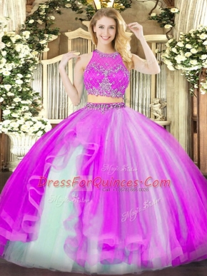 Scoop Sleeveless Zipper Sweet 16 Quinceanera Dress Fuchsia Organza