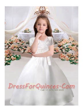 Beautiful Ball Gown Spaghetti Straps White Little Girl Pageant Dress with Bowknot
