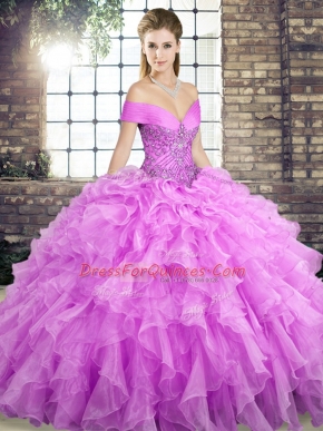 Suitable Lilac Off The Shoulder Neckline Beading and Ruffles Vestidos de Quinceanera Sleeveless Lace Up