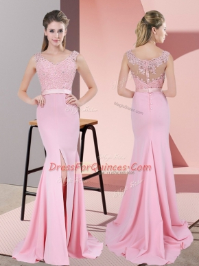 Custom Made Baby Pink Zipper V-neck Lace and Appliques Homecoming Dress Chiffon Sleeveless Sweep Train
